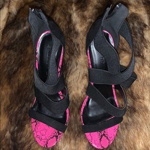 Strappy pink snake print heels